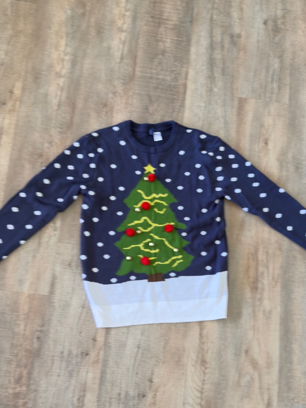 Divided Navy Christmas Tree Crewneck Sweater with Red Pom Accents
